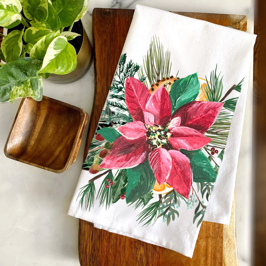 Poinsettia and Pine Cotton Tea Towel