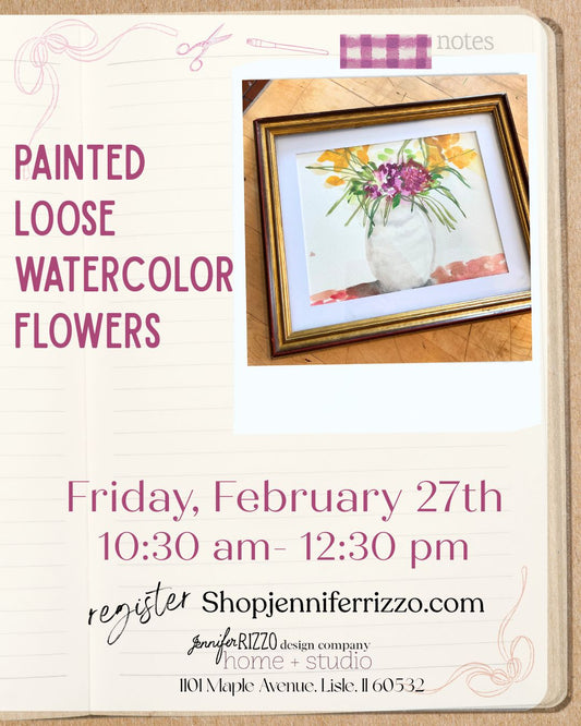 Promotional flyer for a painting class with a watercolor flower painting on a wooden surface.
