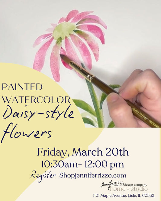 Promotional flyer for a painted watercolor workshop with a hand holding a brush and a pink flower illustration.