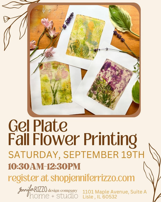 Graphic for gel plate flower printing Saturday September 19 10-:30-12:30 featuring gel plate printed artwork