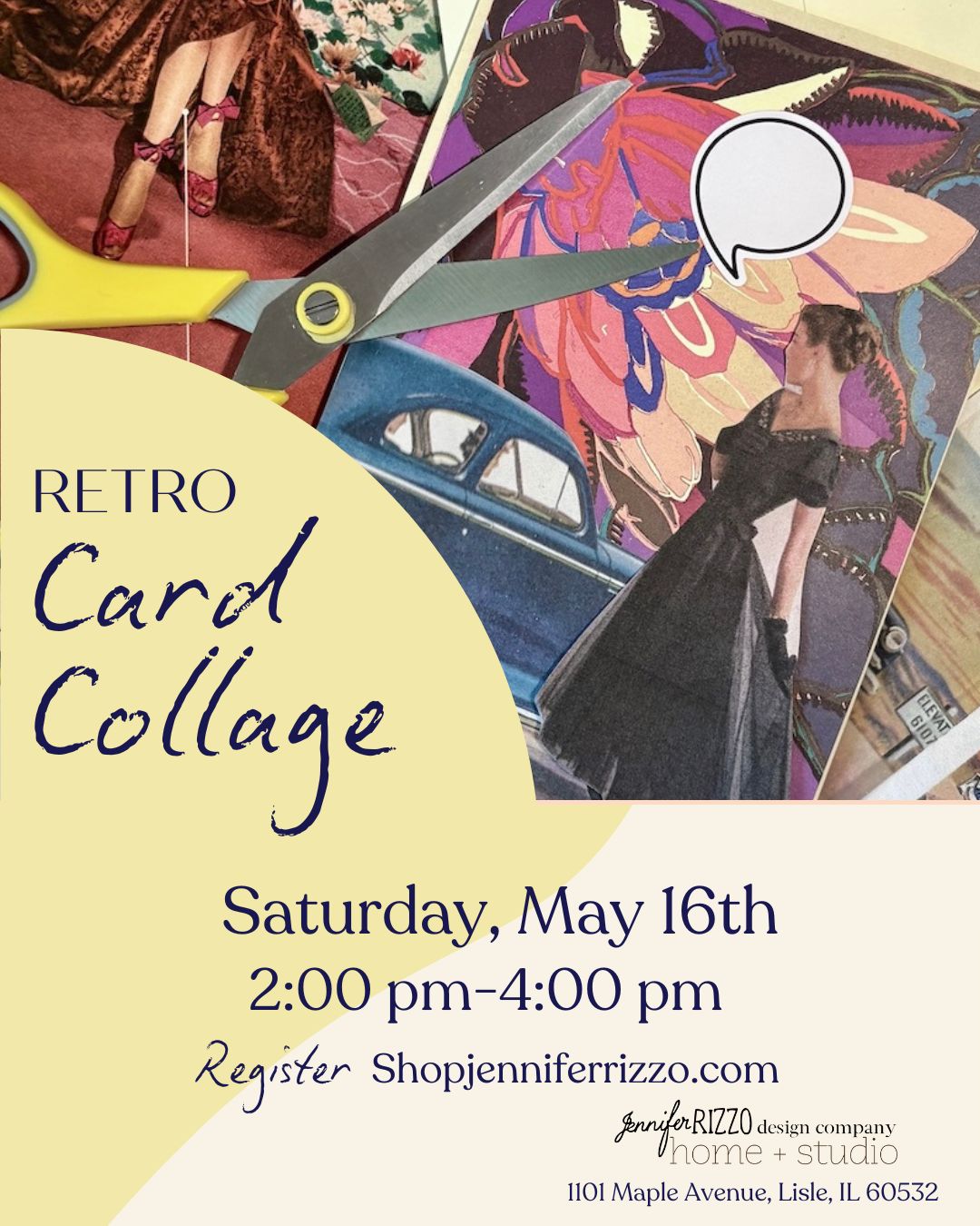 Promotional flyer for a 'Retro Card Collage' event with vintage-style collage and event details.