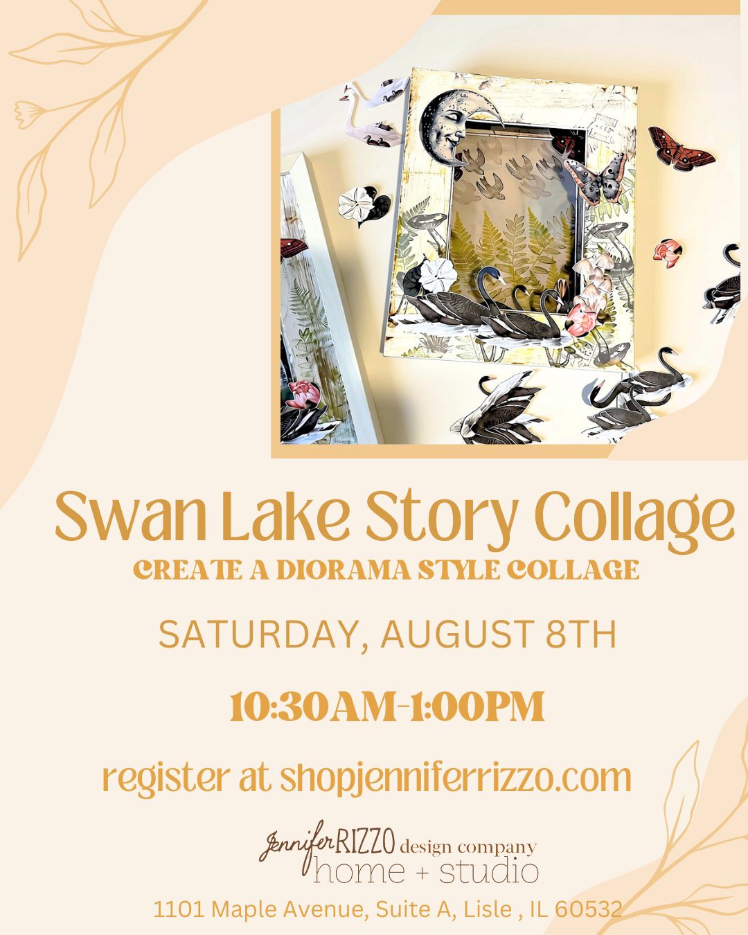 Promotional flyer for 'Swan Lake Story Collage' event with artistic design elements on a light peach background. Saturday August 8th 10:30am-1:00pm