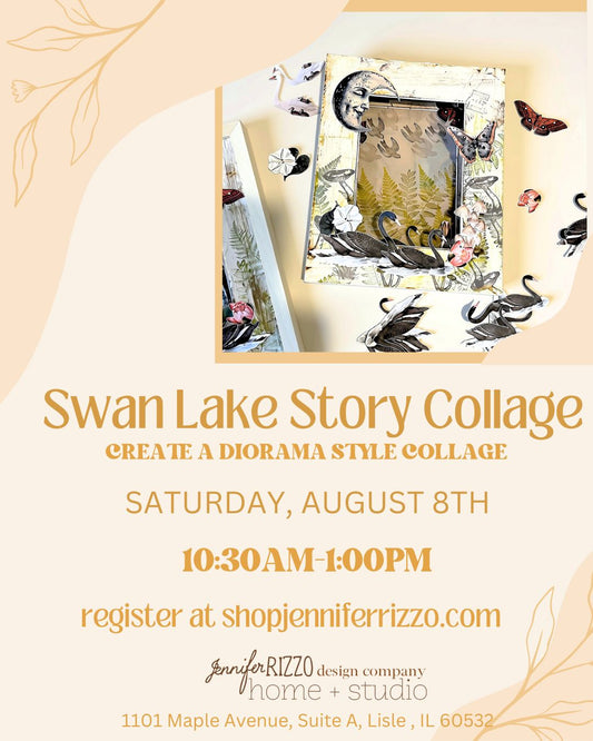 Promotional flyer for 'Swan Lake Story Collage' event with artistic design elements on a light peach background. Saturday August 8th 10:30am-1:00pm