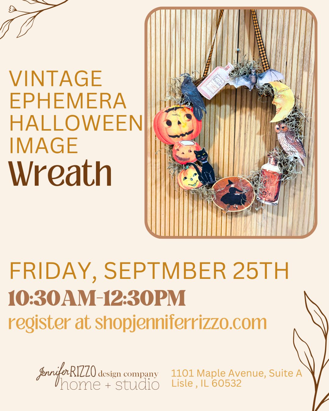 Promotional graphic for a vintage ephemera Halloween image wreath by Jennifer Rizzo The design features a wooden-framed photo of a decorative wreath with autumn-themed tags, set against a warm beige background with elegant typography and botanical line art.