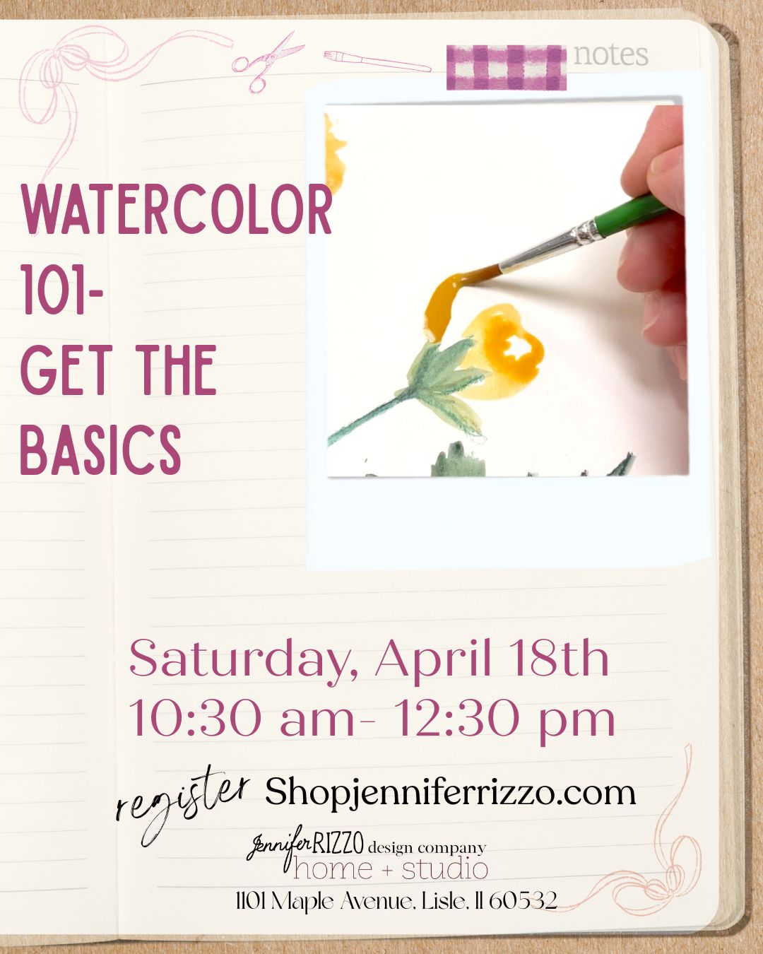 Promotional flyer for a watercolor class with a hand painting a flower on a white background.