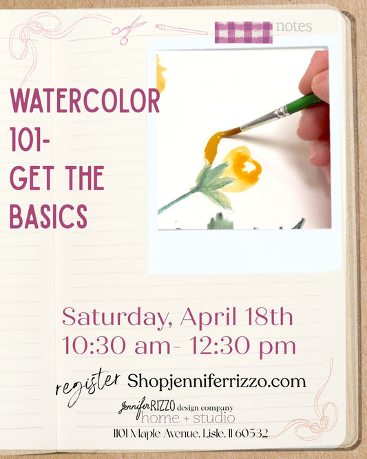 Promotional flyer for a watercolor class with a hand painting a flower on a white background.