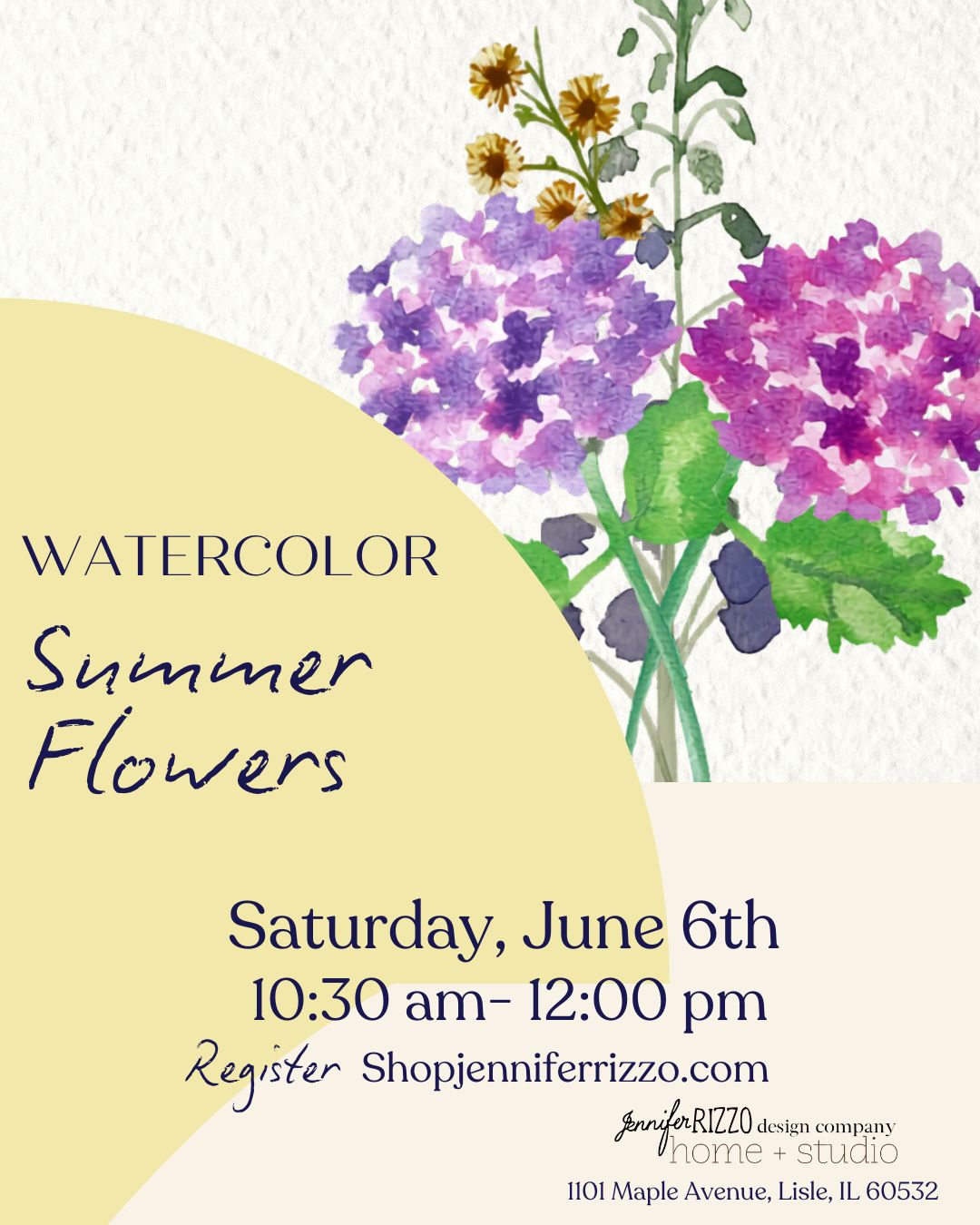 Advertisement for a watercolor summer flowers class with floral illustration and event details.