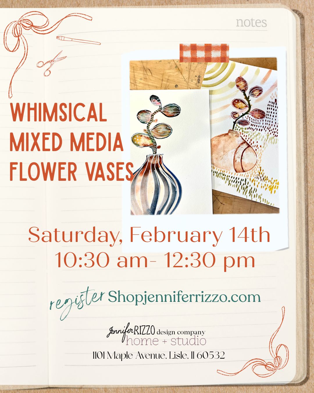 Promotional flyer for a workshop on whimsical mixed media flower vases with event details.