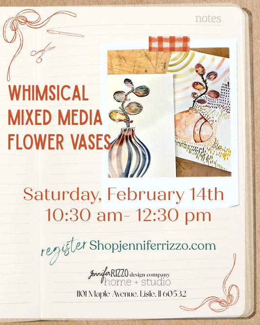 Promotional flyer for a workshop on whimsical mixed media flower vases with event details.