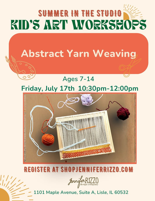 Graphics for abstract yarn weaving for kids. Graphic shows yarn on a loom and yarn balls for weaving on Friday, July 17tg 10:30am-12:00pm.