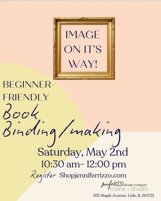 Advertisement for a beginner-friendly book binding workshop with a gold frame graphic on a pink and yellow background.
