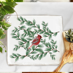 Cardinal in Winter Pine Tree Cotton Tea Towel