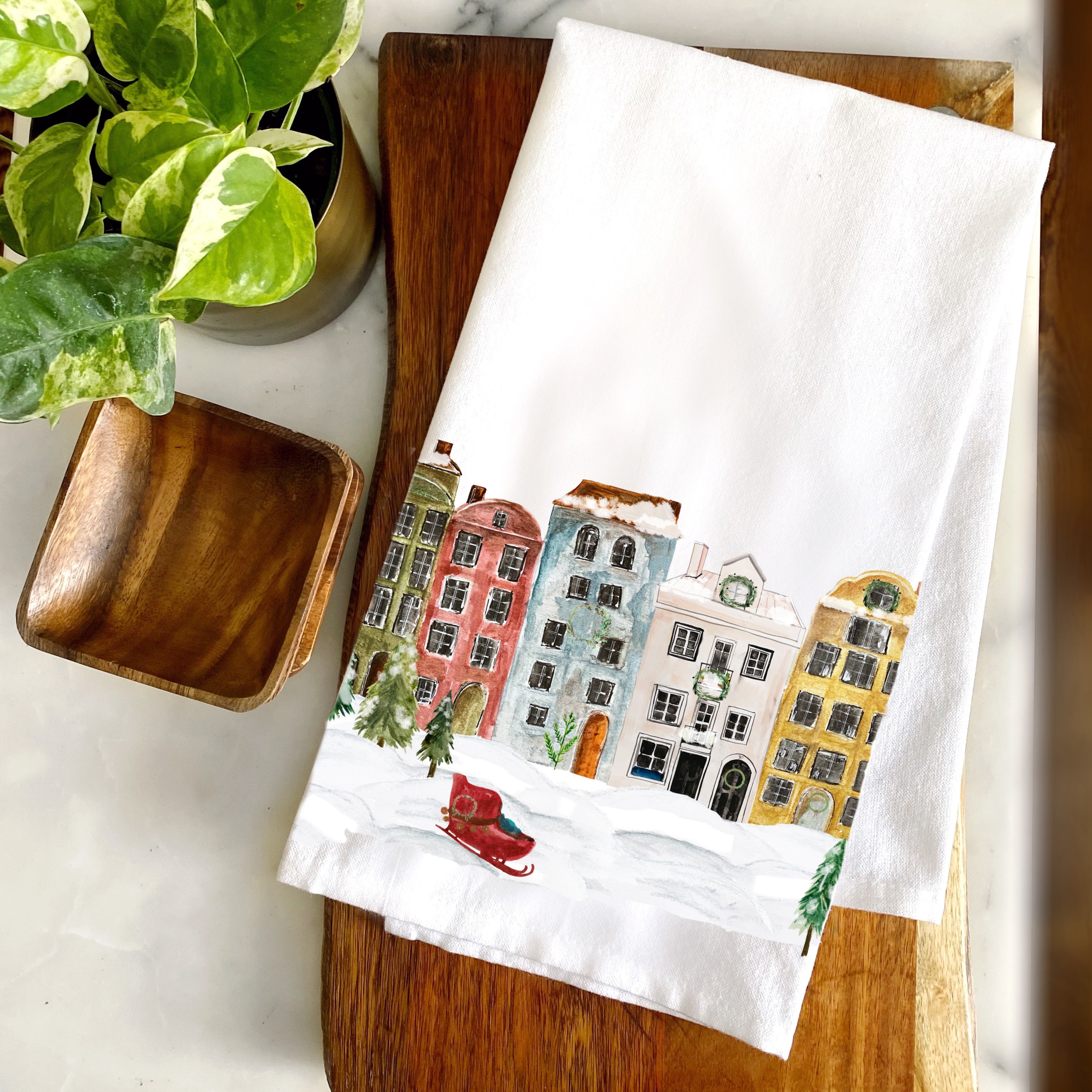 Holiday hometown village personalized holiday tea towel