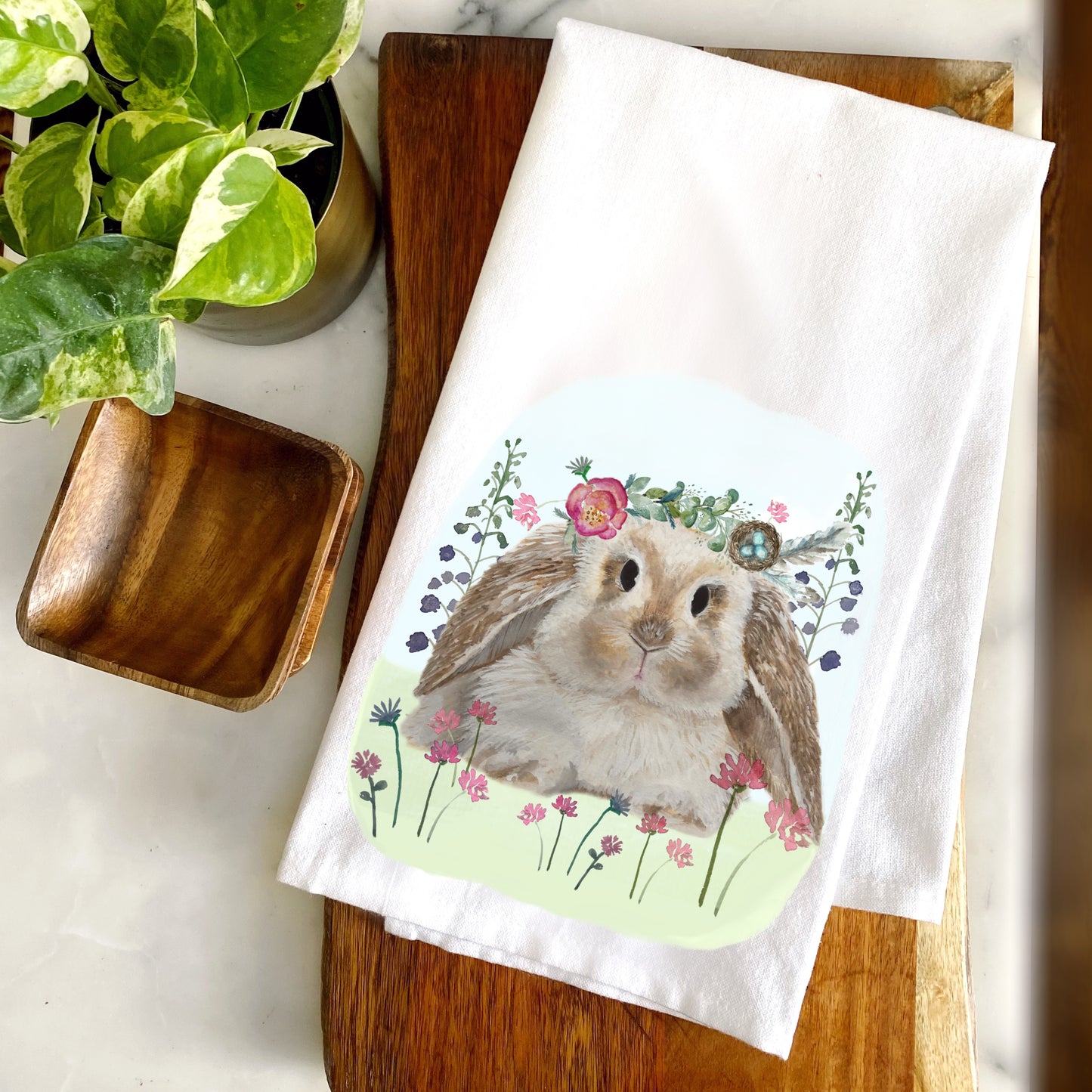 Bunny Wearing a Wildflower Crown Cotton Tea Towel