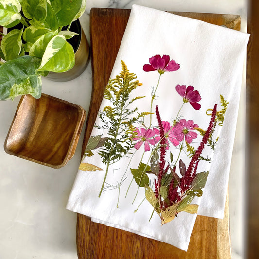 Pressed Dried Wildflowers Cotton Tea Towel