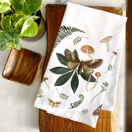 In the Woodlands Moth and Mushroom Cotton Tea Towel