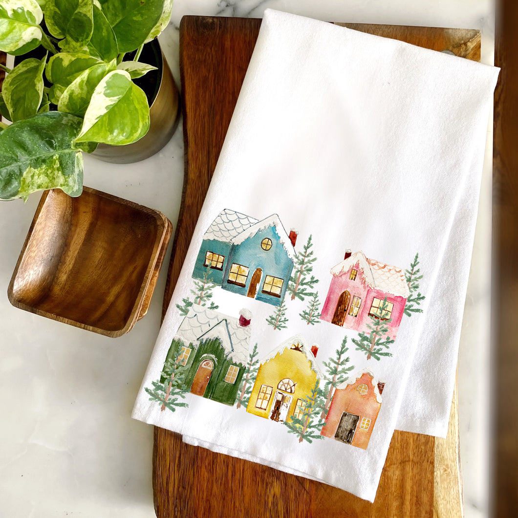 Colorful Christmas Cottages Cotton Tea Towel